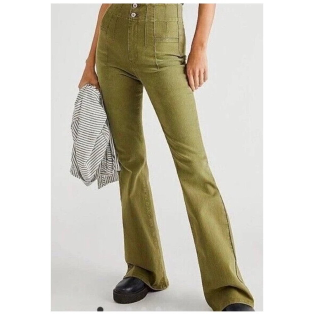 We The Free By Free People Olive Green High-Waist Flare Pants US 27 Cotton Blend